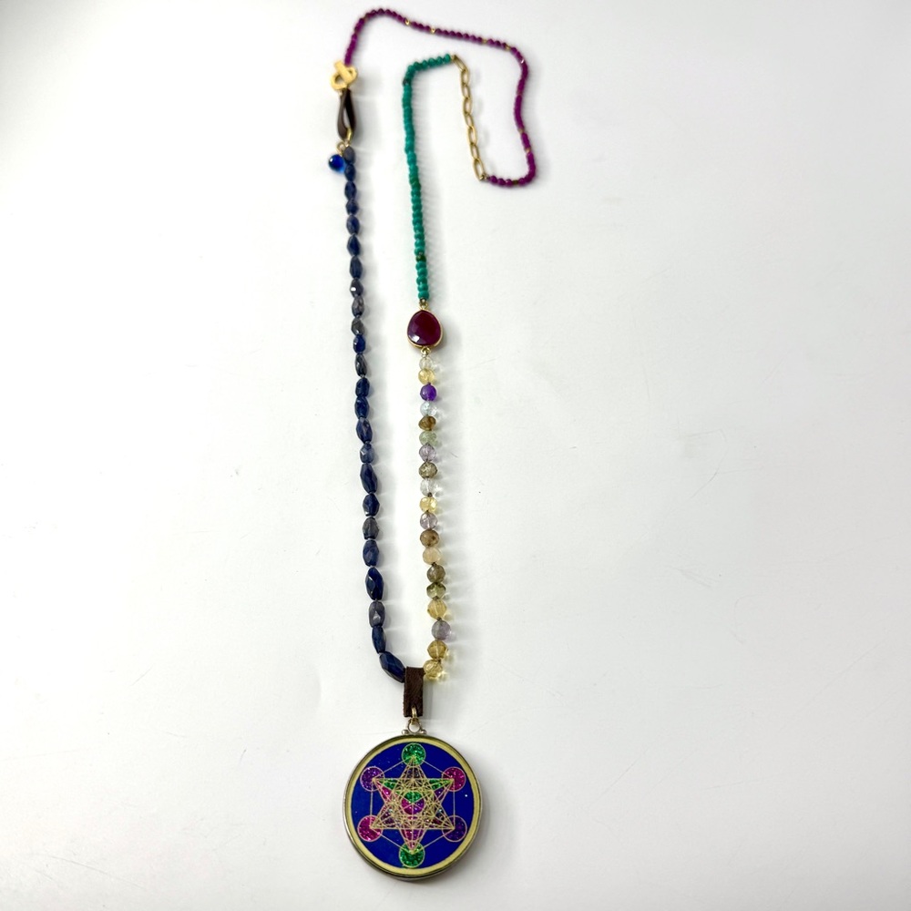 6 Sided Star Pendant, Long Mixed Gemstone Knotted Artisan Necklace, Blue Iolite